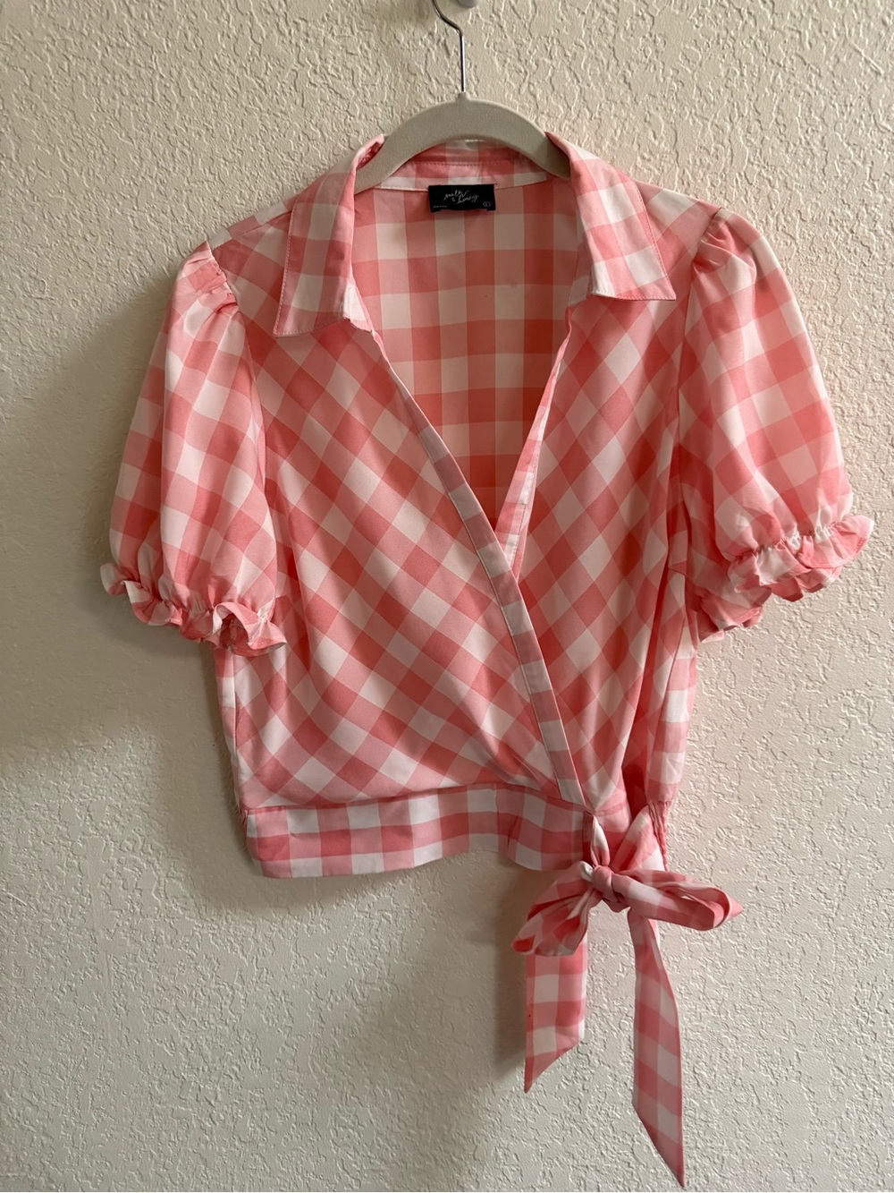 Pink and White Gingham Tie-Waist Wrap Blouse